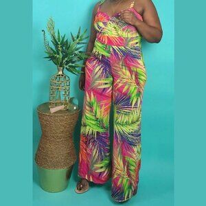 Goodtime USA Women's Sleeveless Tropical Print Wide Leg Jumpsuit - 1X